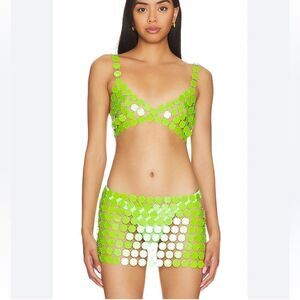 H:ours Diana Mini Skirt plastic disc neon green white mod acrylic sheer Revolve